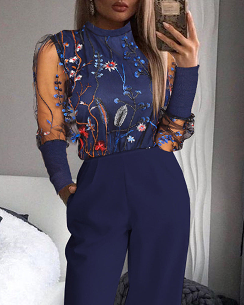 Jillian Elegant Sheer Mesh Floral Long Sleeve Jumpsuit