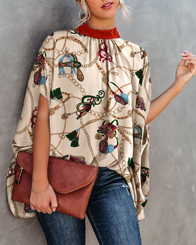 Summer Casual Fashion Print Split Batwing Sleeve Top