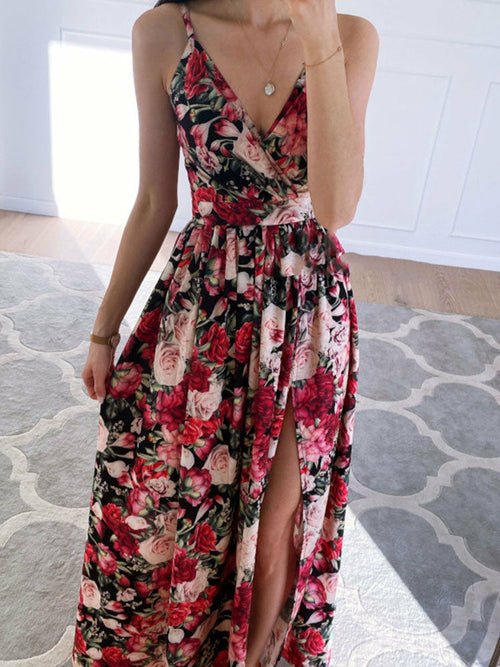 Melanie Deep V Neck Floral Print Thigh Slit Dress