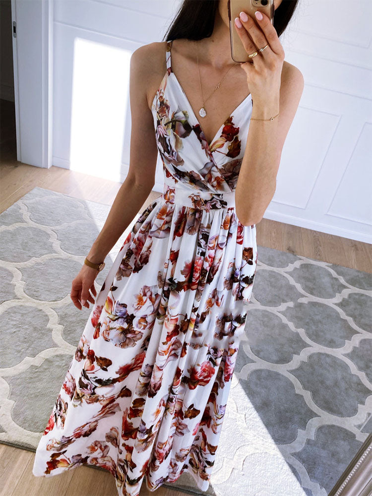 Melanie Deep V Neck Floral Print Thigh Slit Dress