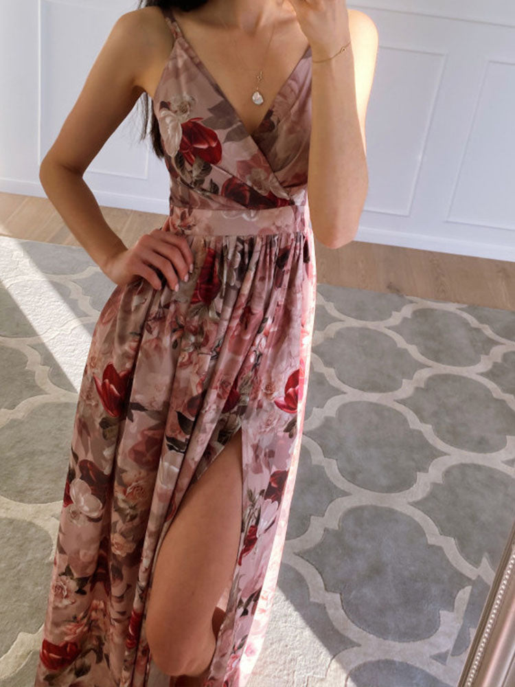 Melanie Deep V Neck Floral Print Thigh Slit Dress